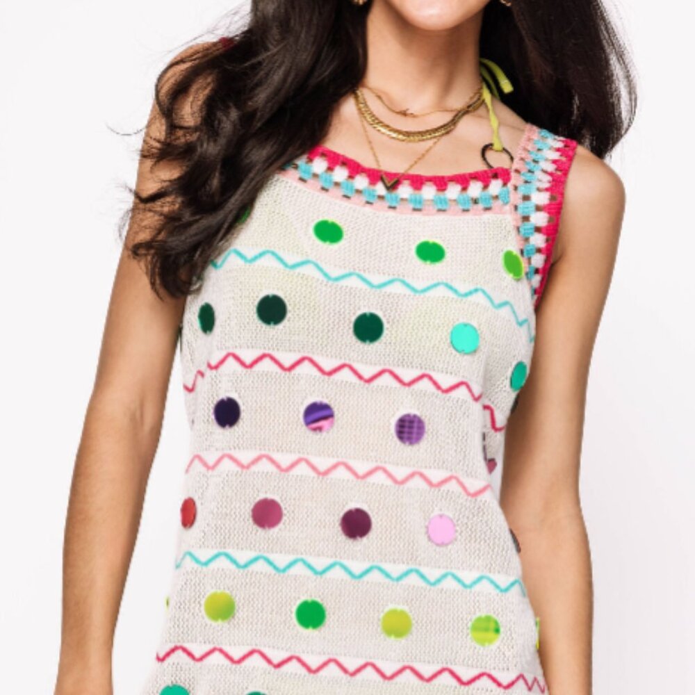 Queen of Sparkles Crochet & Paillette Zig Zag Coverup – White & Rainbow